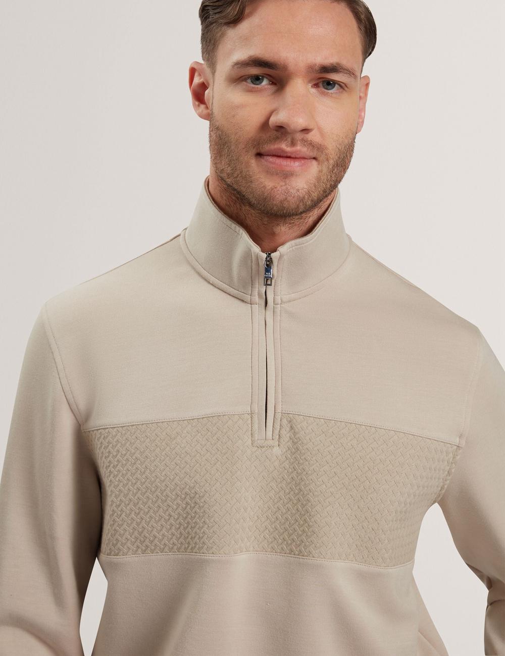 Taupe Ted Baker SIMONEA - Textured Panel Half-Zip Modal Men Sweatshirts | SG  5109-YFZHP