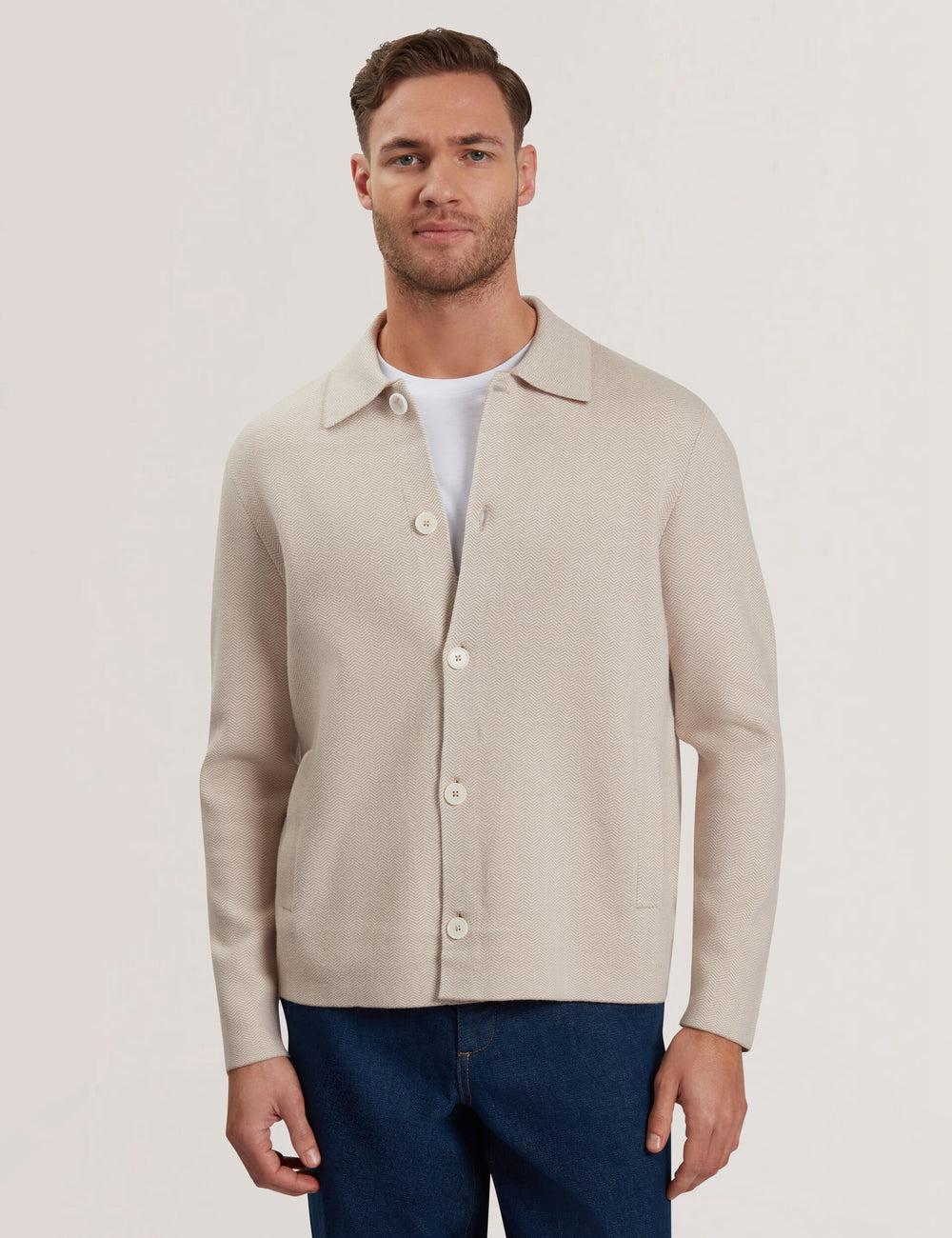 Taupe Ted Baker THIMON - Herringbone Knit Button-Up Men Jackets | SG  8019-EQFMK
