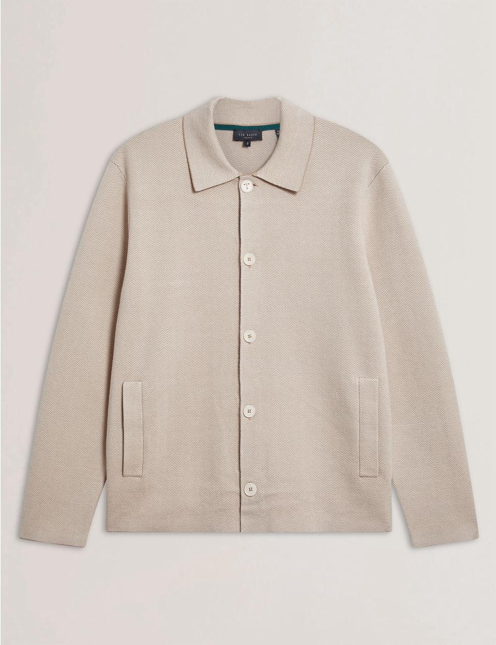 Taupe Ted Baker THIMON - Herringbone Knit Button-Up Men Jackets | SG  8019-EQFMK