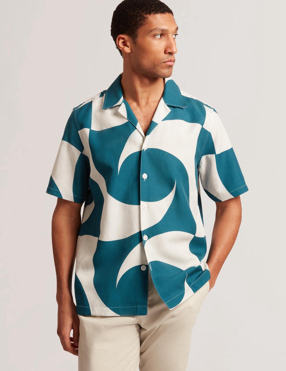 Turquoise Ted Baker ROLDAN - Short Sleeve Oversized Swirl Print Men Casual Shirts | SG  0319-KYCJQ
