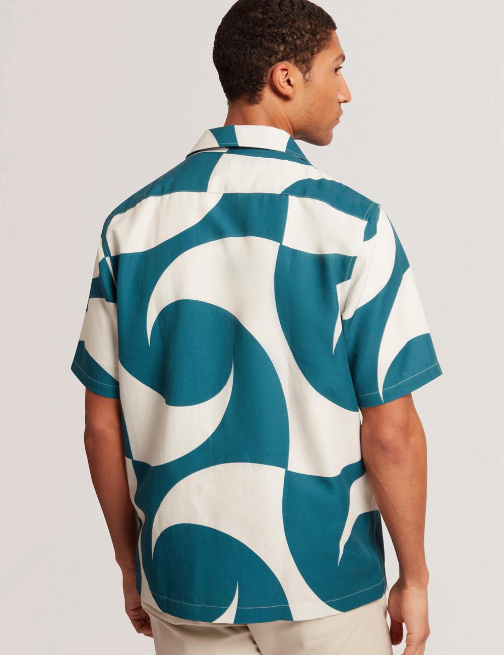 Turquoise Ted Baker ROLDAN - Short Sleeve Oversized Swirl Print Men Casual Shirts | SG  0319-KYCJQ