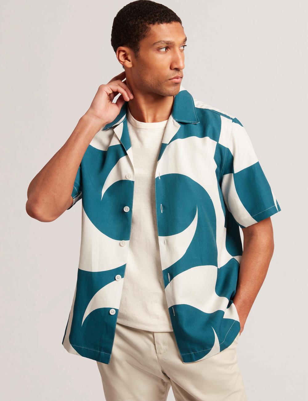 Turquoise Ted Baker ROLDAN - Short Sleeve Oversized Swirl Print Men Casual Shirts | SG  0319-KYCJQ