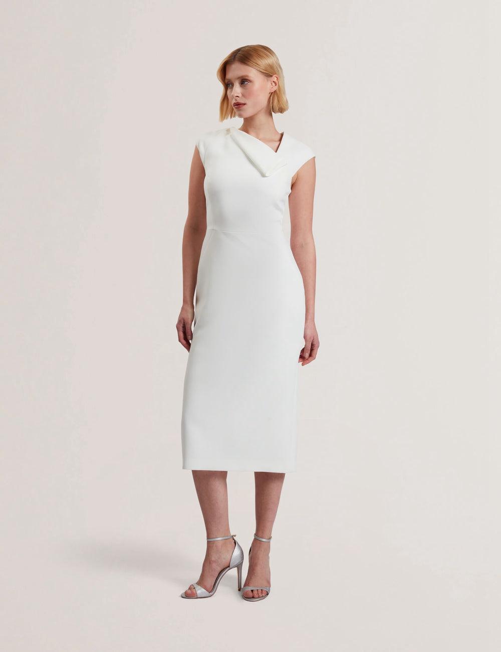 White Ted Baker BAYREE - Folded Neckline Pencil Women Midi Dresses | SG  5362-MJIWZ