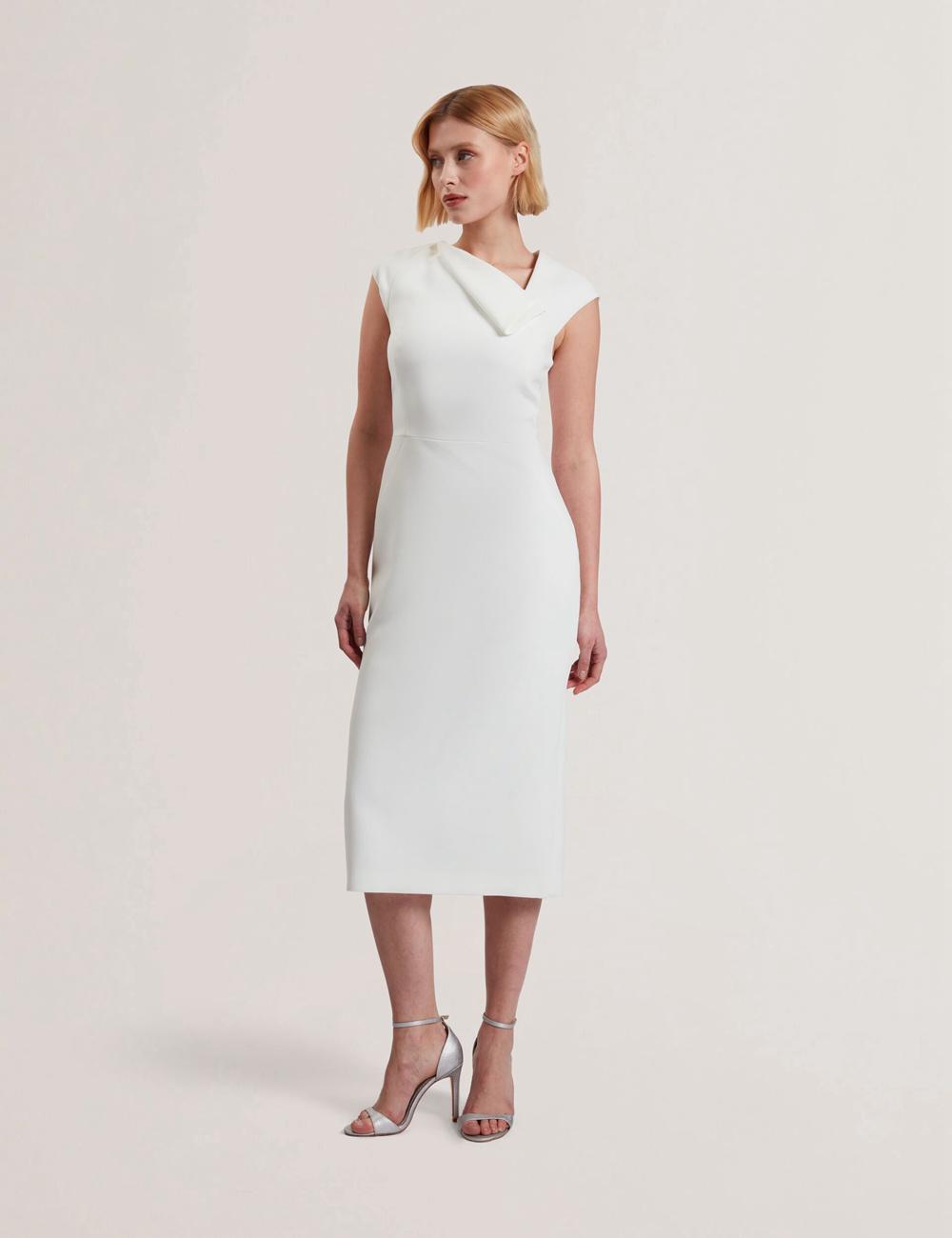White Ted Baker BAYREE - Folded Neckline Pencil Women Midi Dresses | SG  5362-MJIWZ