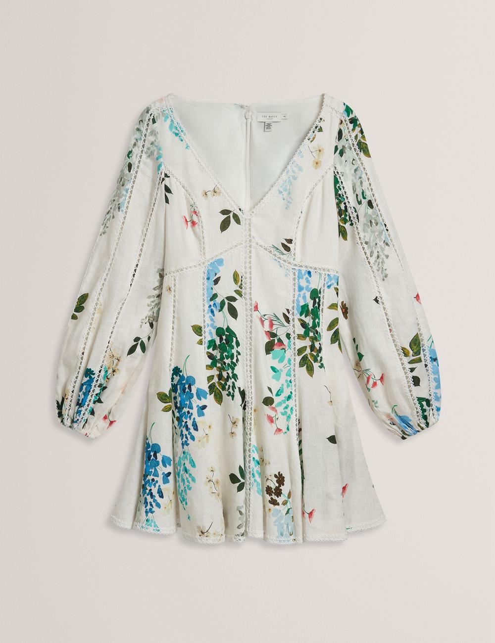 White Ted Baker BELVIDA - Floral Crochet Trim Linen Women Mini Dresses | SG  8194-LABNU