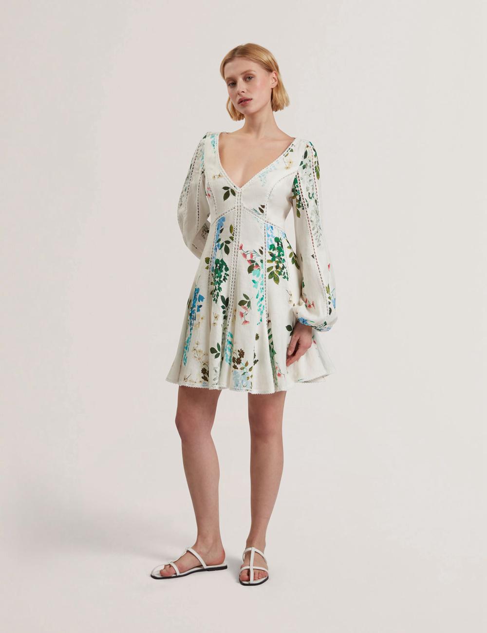 White Ted Baker BELVIDA - Floral Crochet Trim Linen Women Mini Dresses | SG  8194-LABNU