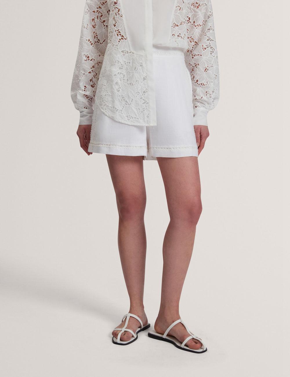 White Ted Baker BUCCIA - Crochet Trim High Waisted Linen Women Shorts | SG  5864-ZTEVD
