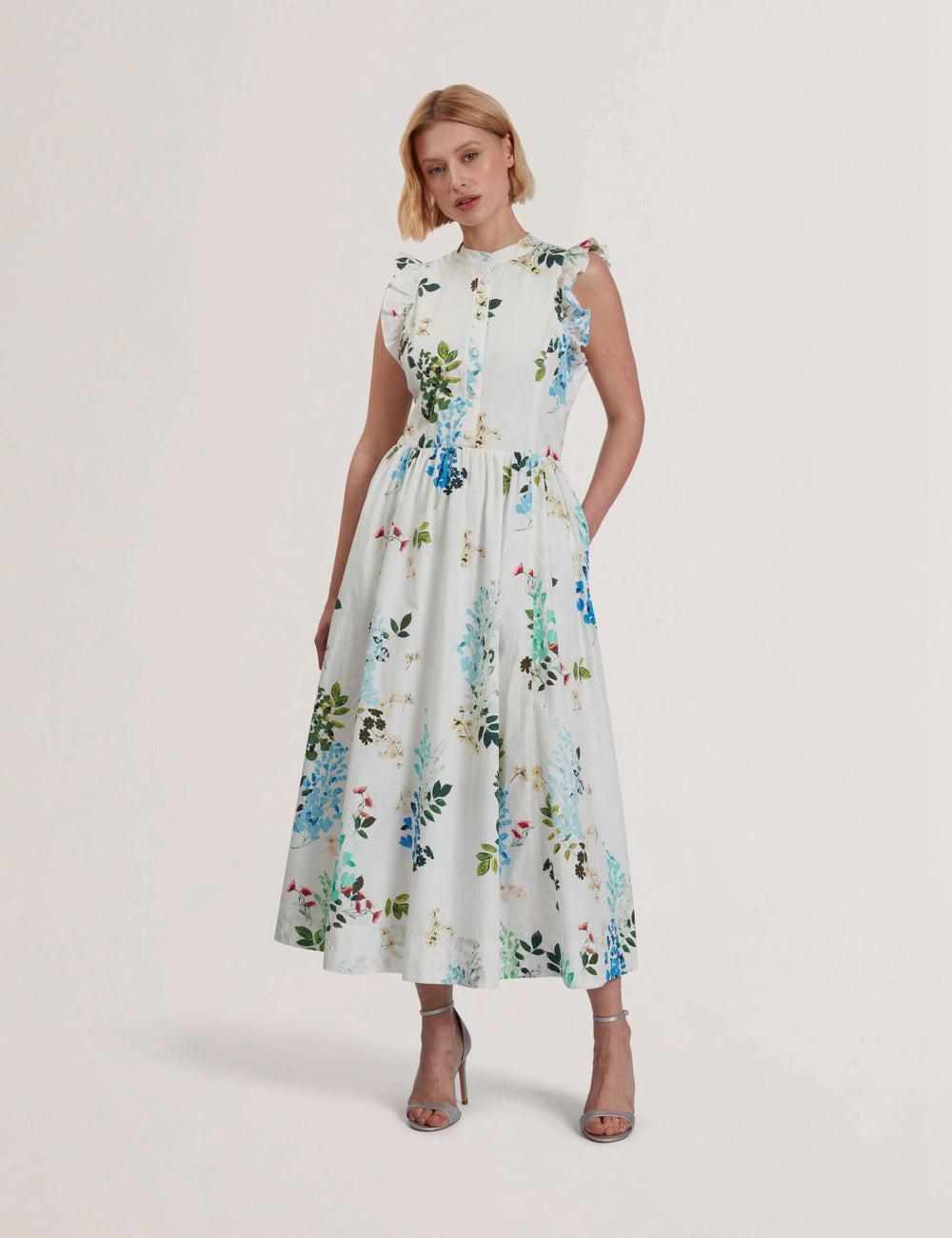 White Ted Baker GIOLIA - Sleeveless Floral Cotton A-Line Women Midi Dresses | SG  7810-AEXLN