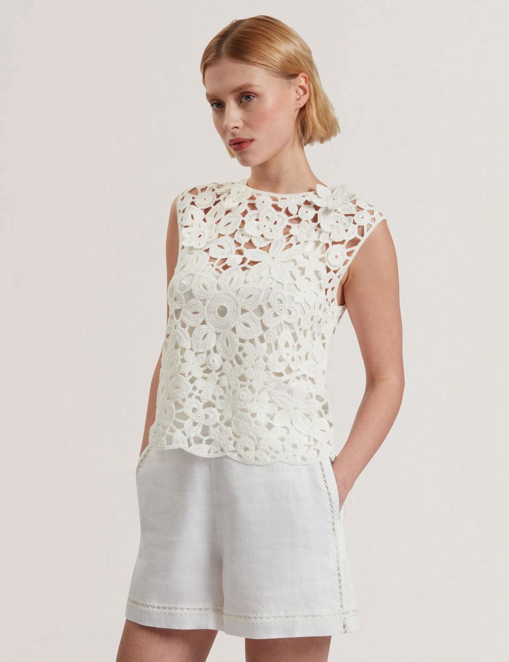 White Ted Baker JOYYRA - Floral Crochet Knit Sleeveless Women Tops | SG  5897-XWDUO