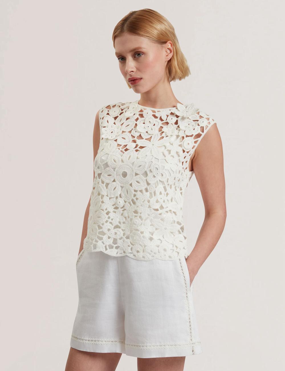 White Ted Baker JOYYRA - Floral Crochet Knit Sleeveless Women Tops | SG  5897-XWDUO