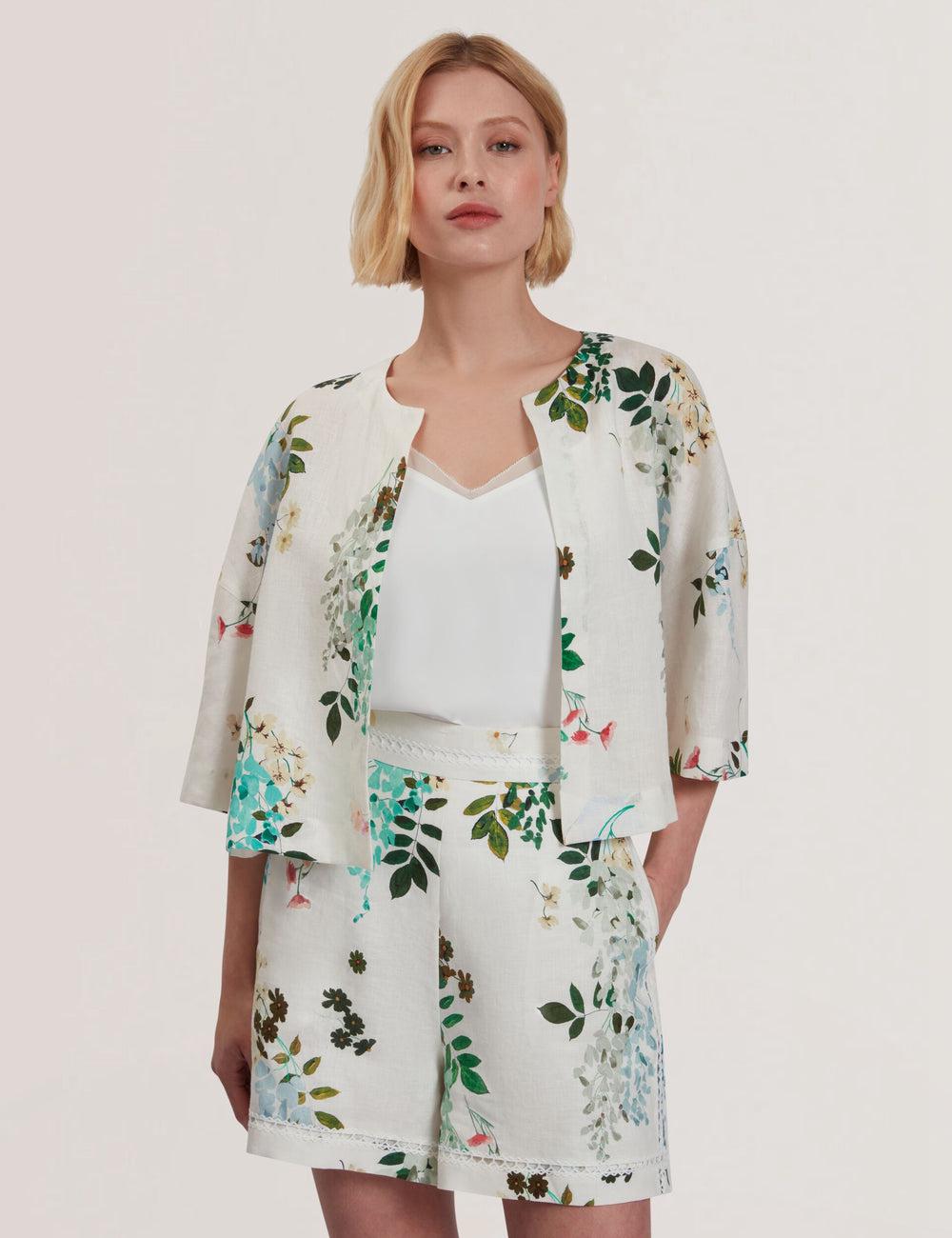White Ted Baker KALNA - Printed Linen Short Sleeve Cropped Shirt Women Tops | SG  6980-INZTU