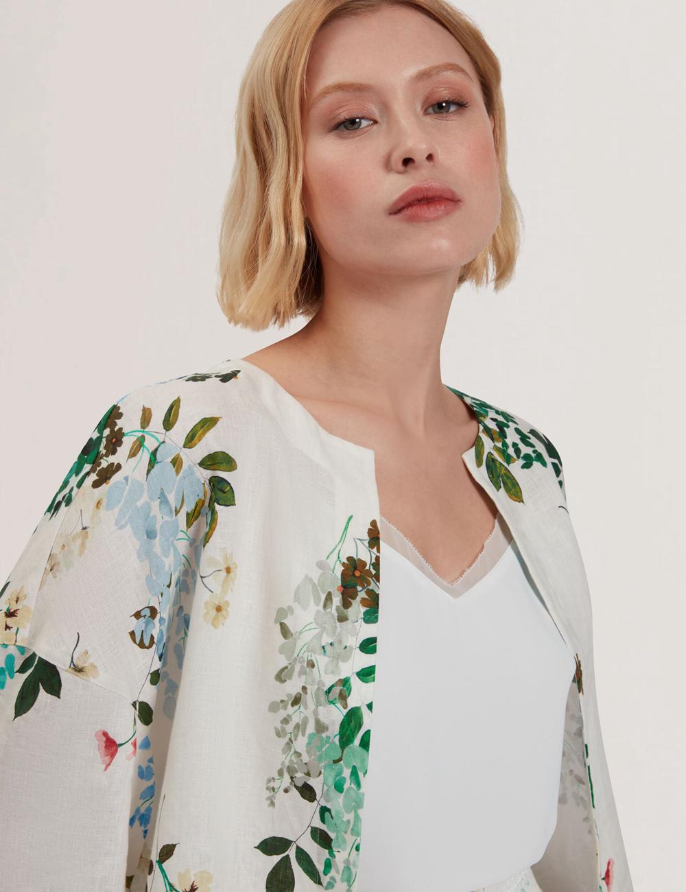 White Ted Baker KALNA - Printed Linen Short Sleeve Cropped Shirt Women Tops | SG  6980-INZTU