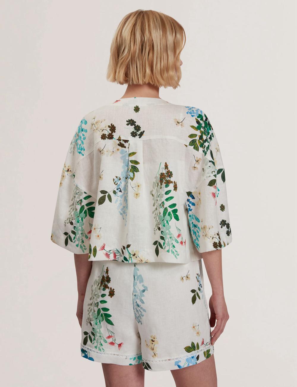 White Ted Baker KALNA - Printed Linen Short Sleeve Cropped Shirt Women Tops | SG  6980-INZTU
