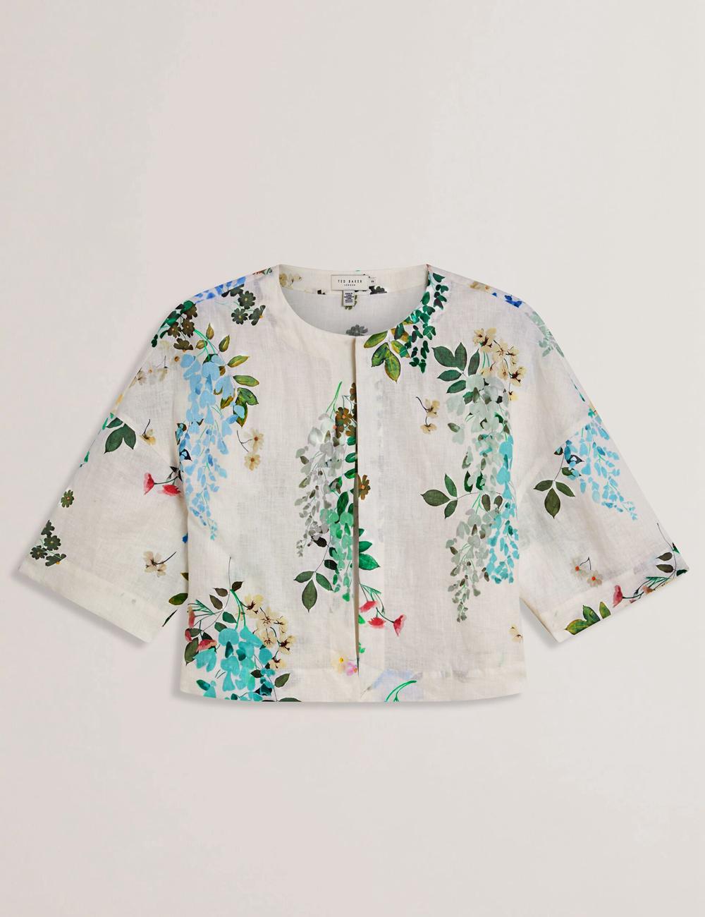 White Ted Baker KALNA - Printed Linen Short Sleeve Cropped Shirt Women Tops | SG  6980-INZTU