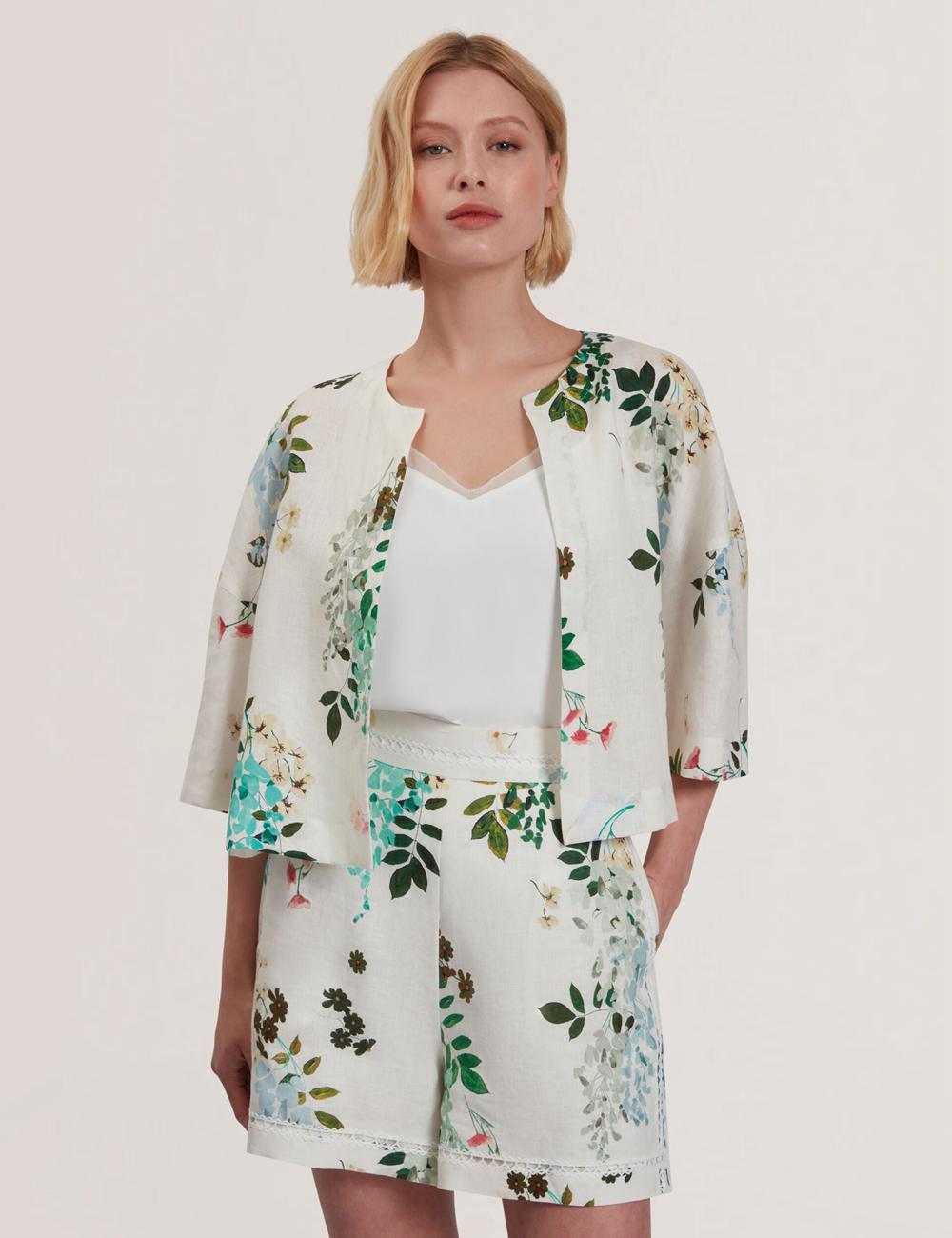 White Ted Baker KALNA - Printed Linen Short Sleeve Cropped Shirt Women Tops | SG  6980-INZTU