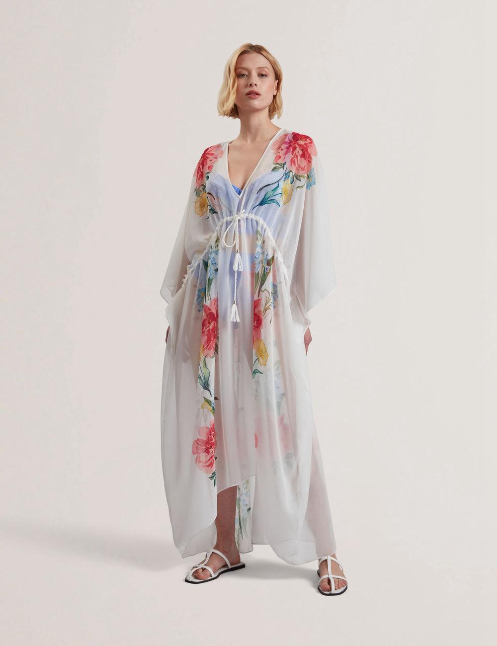 White Ted Baker LUUSAA - Floral V-Neck Maxi Kaftan Beach Dress Women Cover Ups | SG  2693-FWABJ