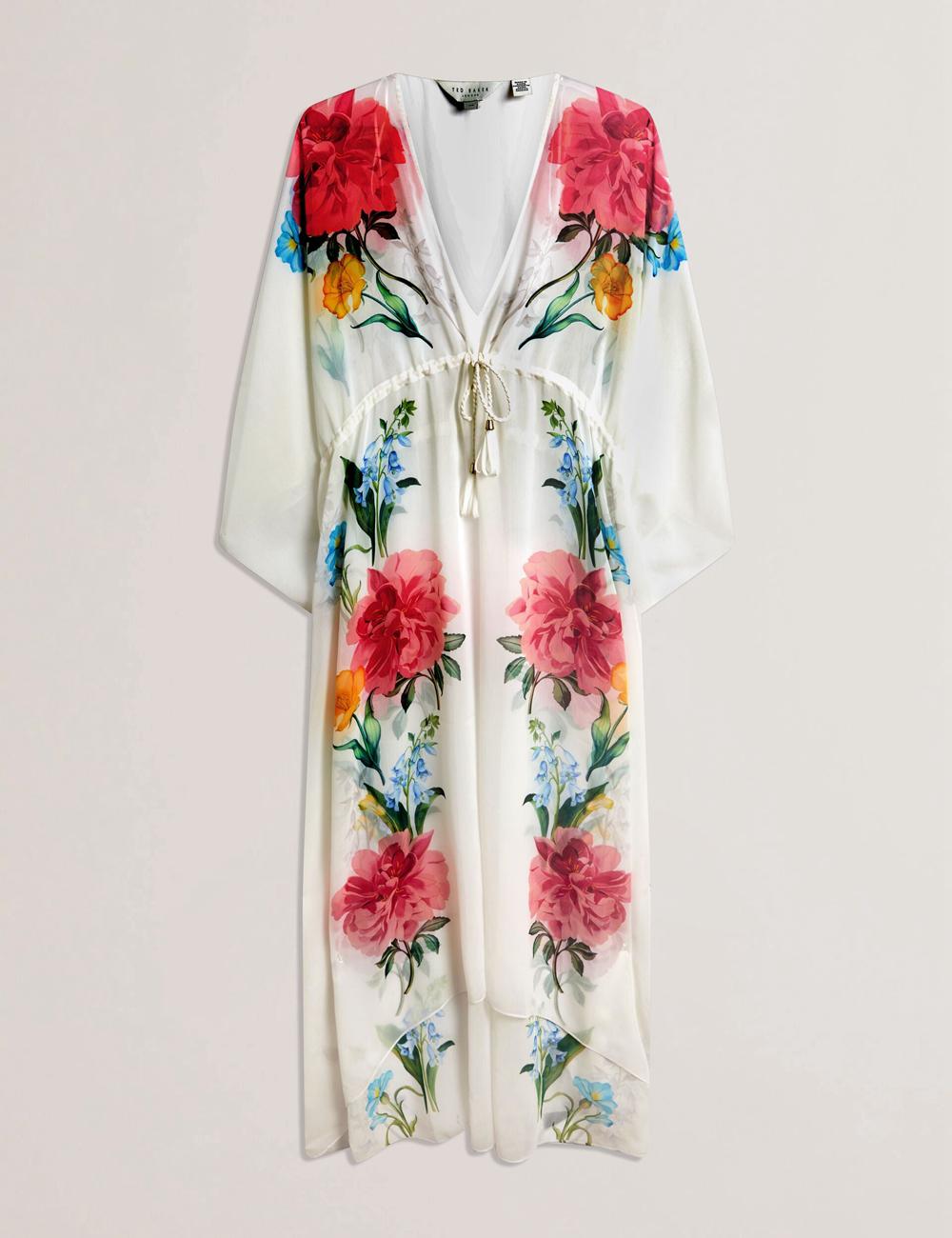 White Ted Baker LUUSAA - Floral V-Neck Maxi Kaftan Beach Dress Women Cover Ups | SG  2693-FWABJ