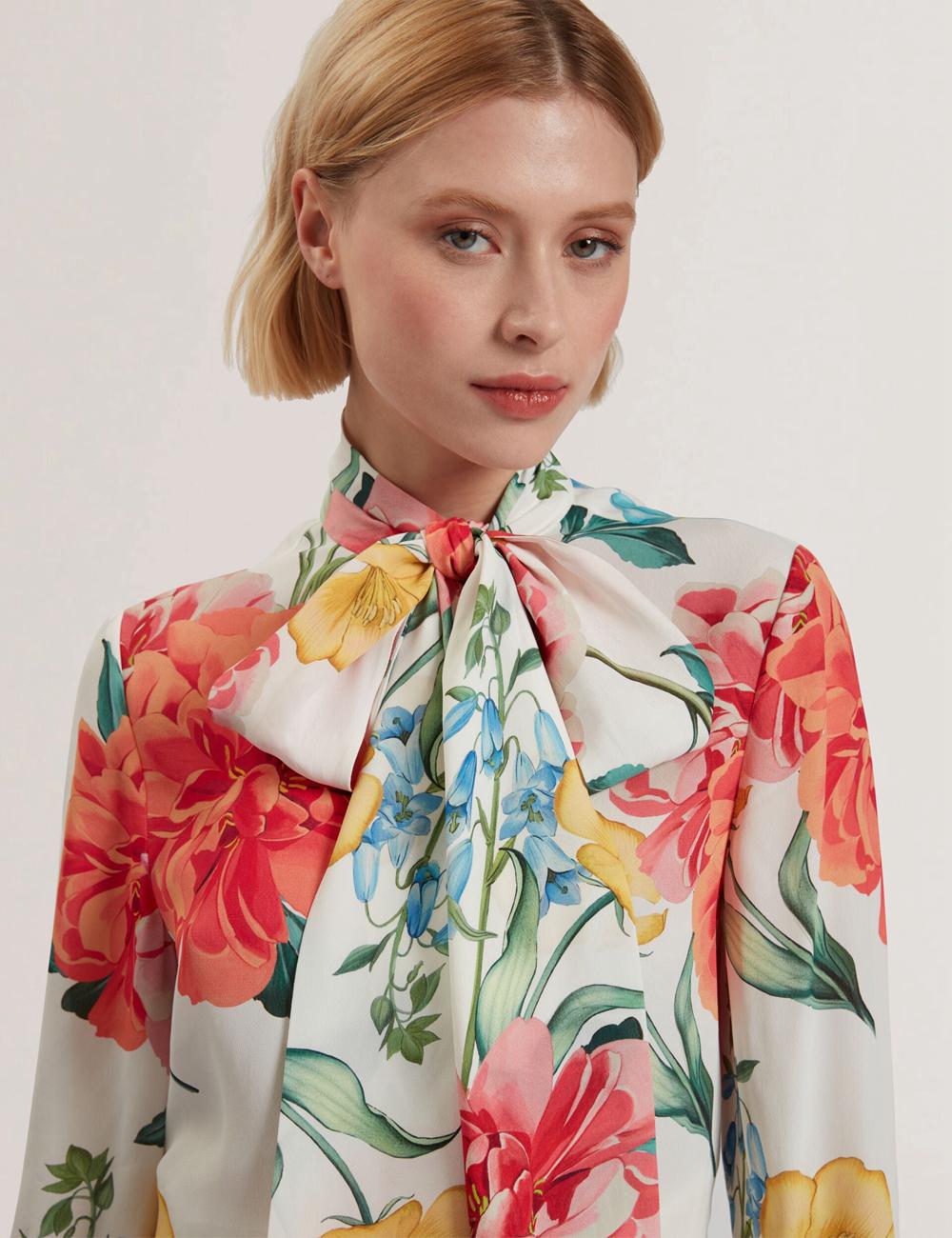 White Ted Baker LUUSILE - Floral Print Neck Long Sleeve Women Blouses | SG  3026-KPREF