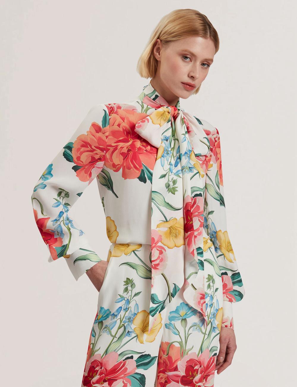 White Ted Baker LUUSILE - Floral Print Neck Long Sleeve Women Blouses | SG  3026-KPREF