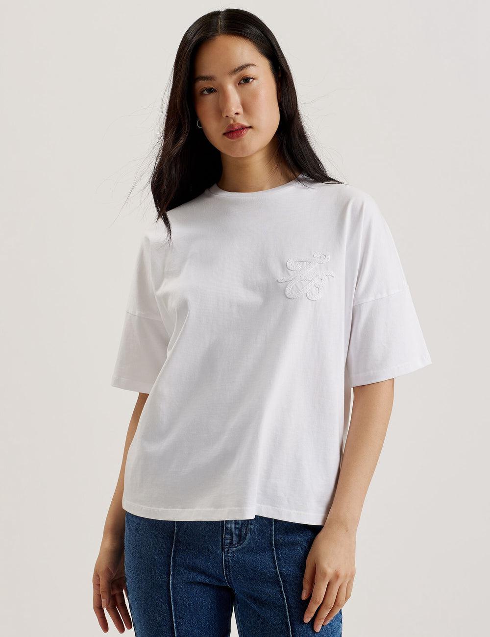 White Ted Baker MALORRY - Embroidered Logo Boxy Cotton Women T-Shirts | SG  9426-RJICE