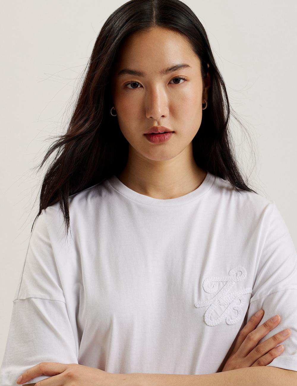 White Ted Baker MALORRY - Embroidered Logo Boxy Cotton Women T-Shirts | SG  9426-RJICE