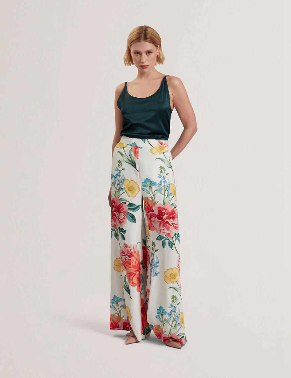 White Ted Baker NYMPHAT - Floral Print High Waisted Wide Leg Women Trousers | SG  2169-UHWLY