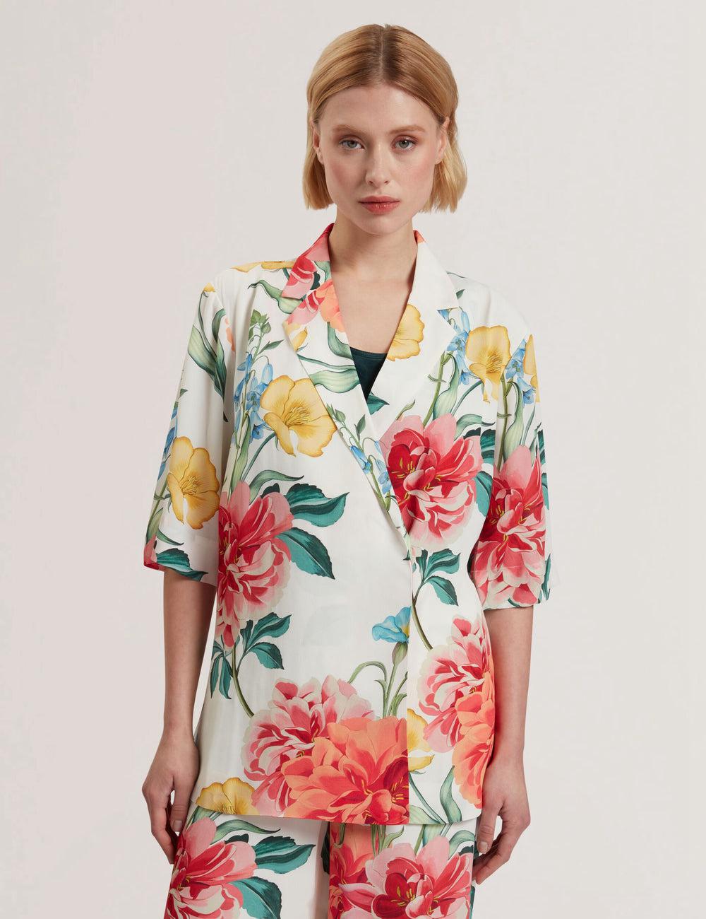 White Ted Baker NYMPHA - Floral Short Sleeve Oversized Women Blazers | SG  7034-XZPGV
