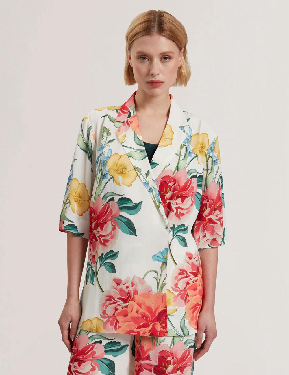 White Ted Baker NYMPHA - Floral Short Sleeve Oversized Women Blazers | SG  7034-XZPGV