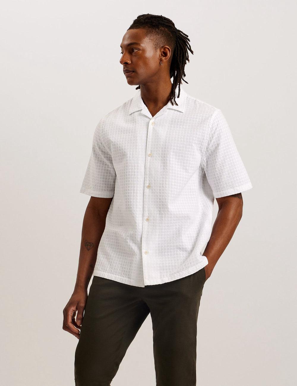 White Ted Baker OISE - Textured Grid Cotton Short Sleeve Men Casual Shirts | SG  6923-MSRCL