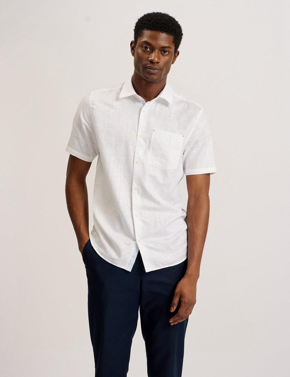 White Ted Baker PALOMAS - Short Sleeve Textured Linen Cotton Men Casual Shirts | SG  2687-ORKNB