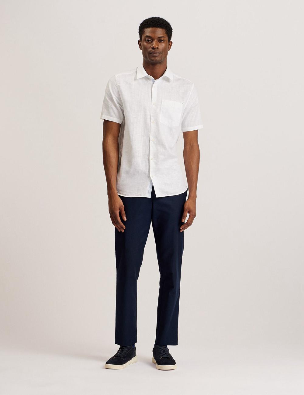 White Ted Baker PALOMAS - Short Sleeve Textured Linen Cotton Men Casual Shirts | SG  2687-ORKNB
