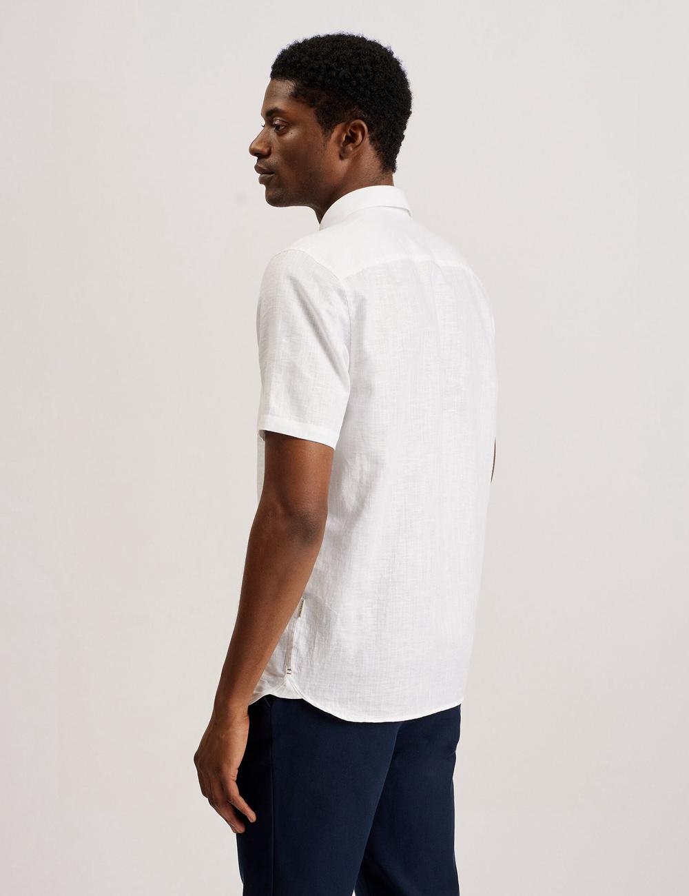 White Ted Baker PALOMAS - Short Sleeve Textured Linen Cotton Men Casual Shirts | SG  2687-ORKNB