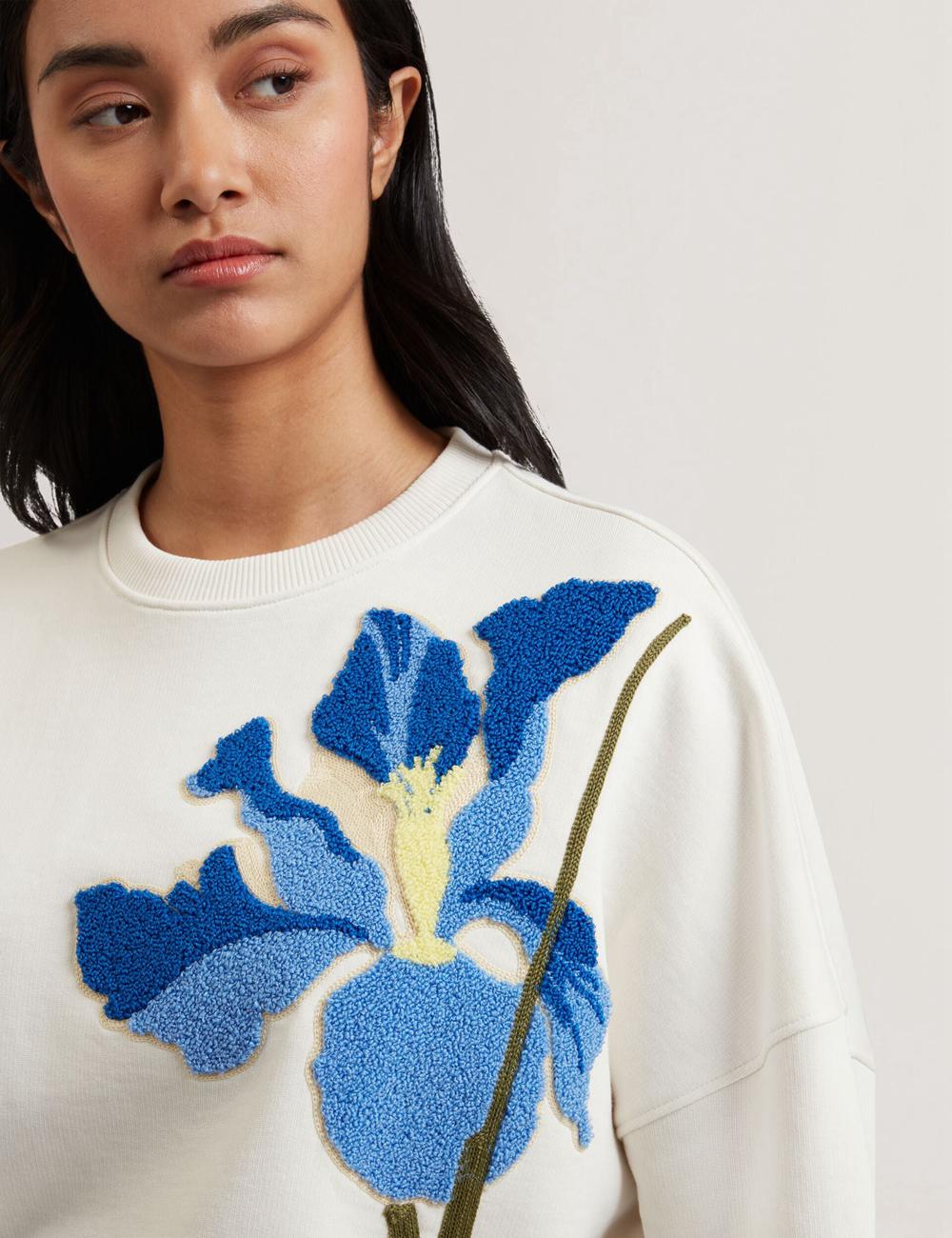 White Ted Baker SANDERR - Tufted Floral Graphic Cotton Women Sweatshirts | SG  3028-JVYWN