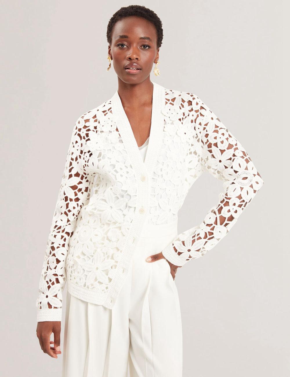 White Ted Baker TARLI - Crochet Open Knit Longline Women Cardigans | SG  0716-VZGRJ