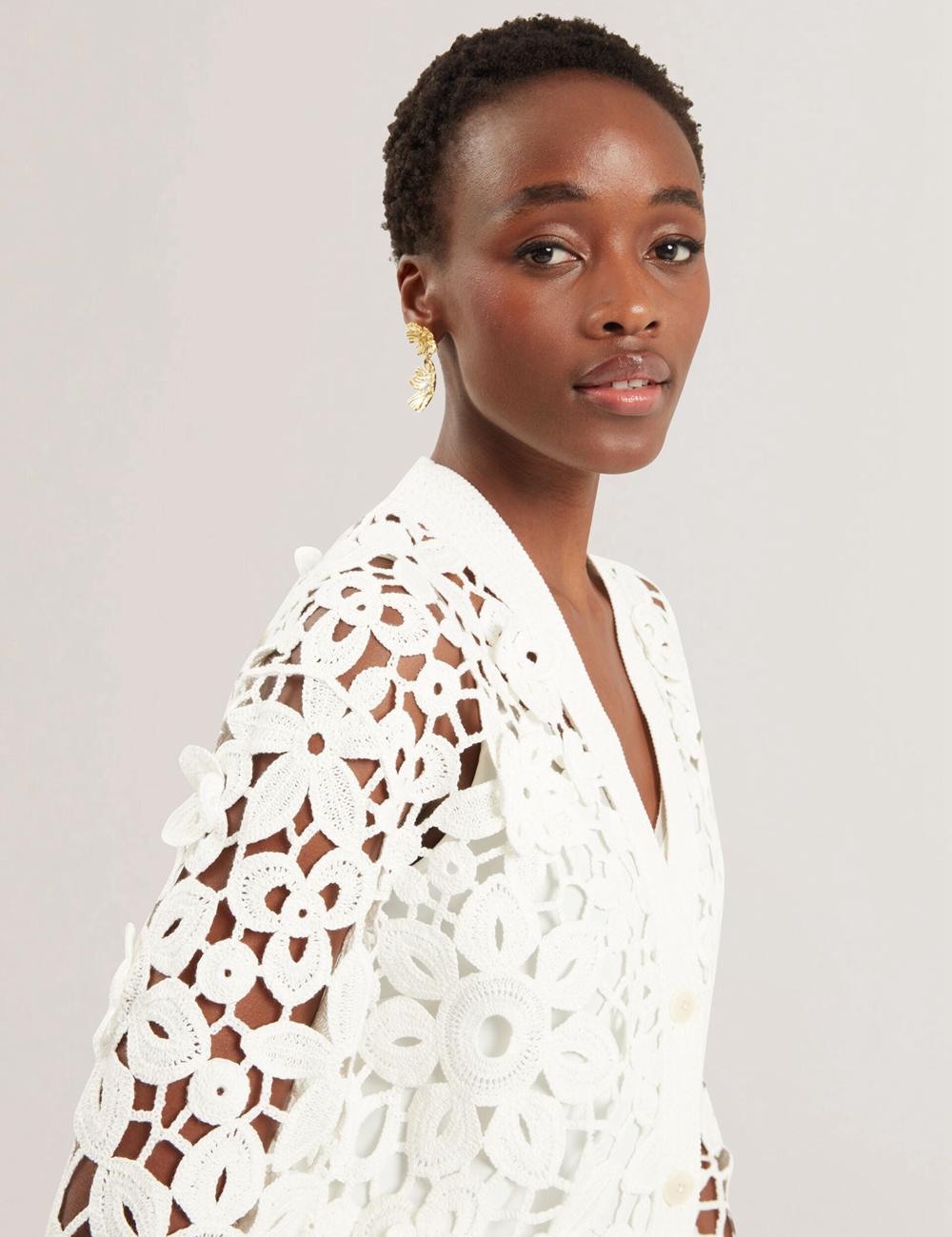White Ted Baker TARLI - Crochet Open Knit Longline Women Cardigans | SG  0716-VZGRJ