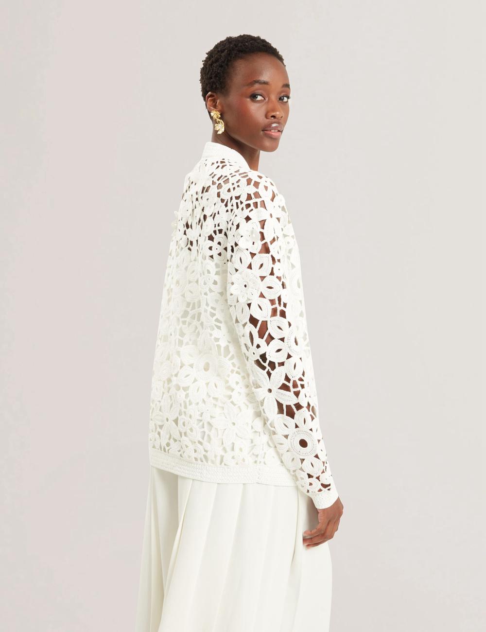 White Ted Baker TARLI - Crochet Open Knit Longline Women Cardigans | SG  0716-VZGRJ
