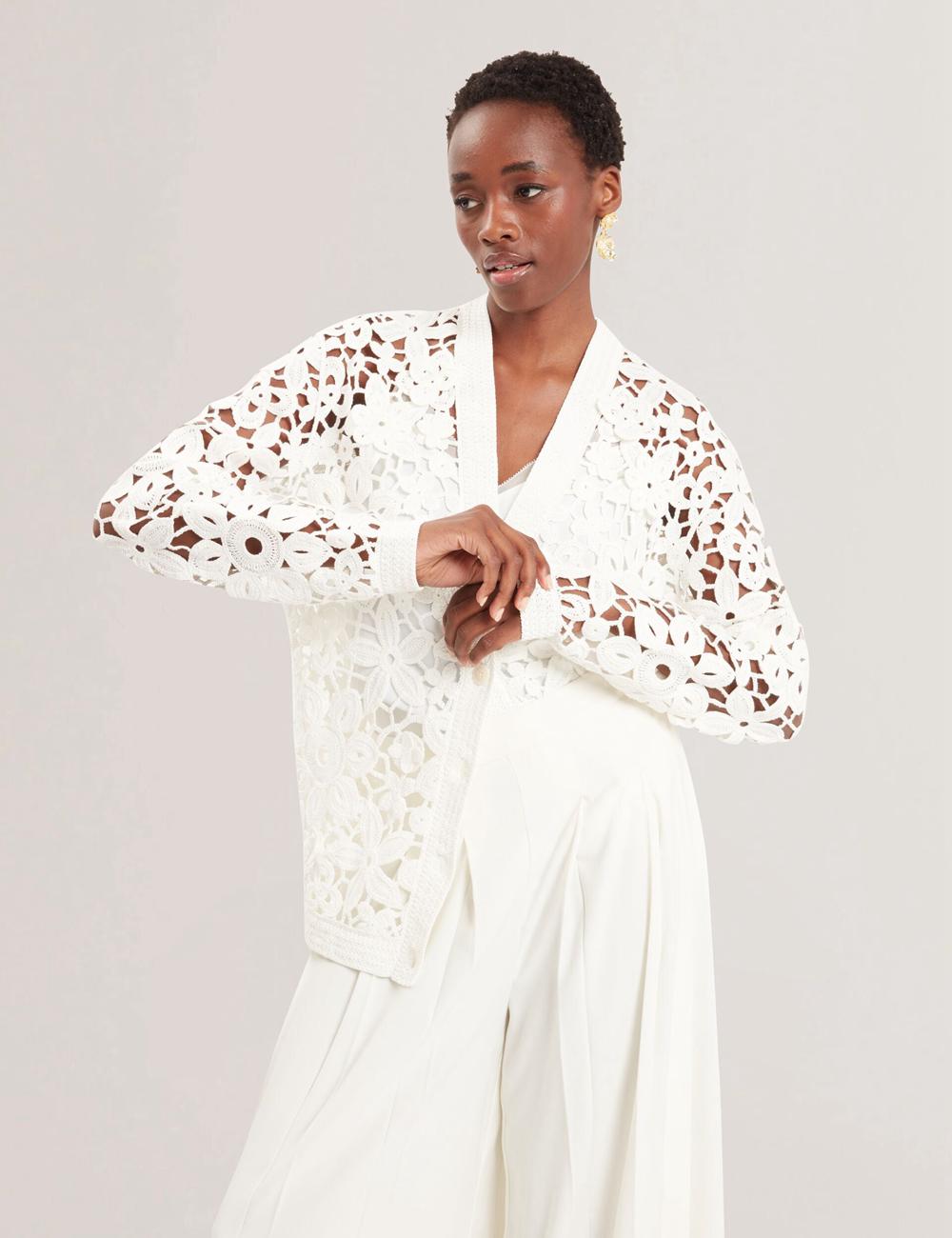 White Ted Baker TARLI - Crochet Open Knit Longline Women Cardigans | SG  0716-VZGRJ
