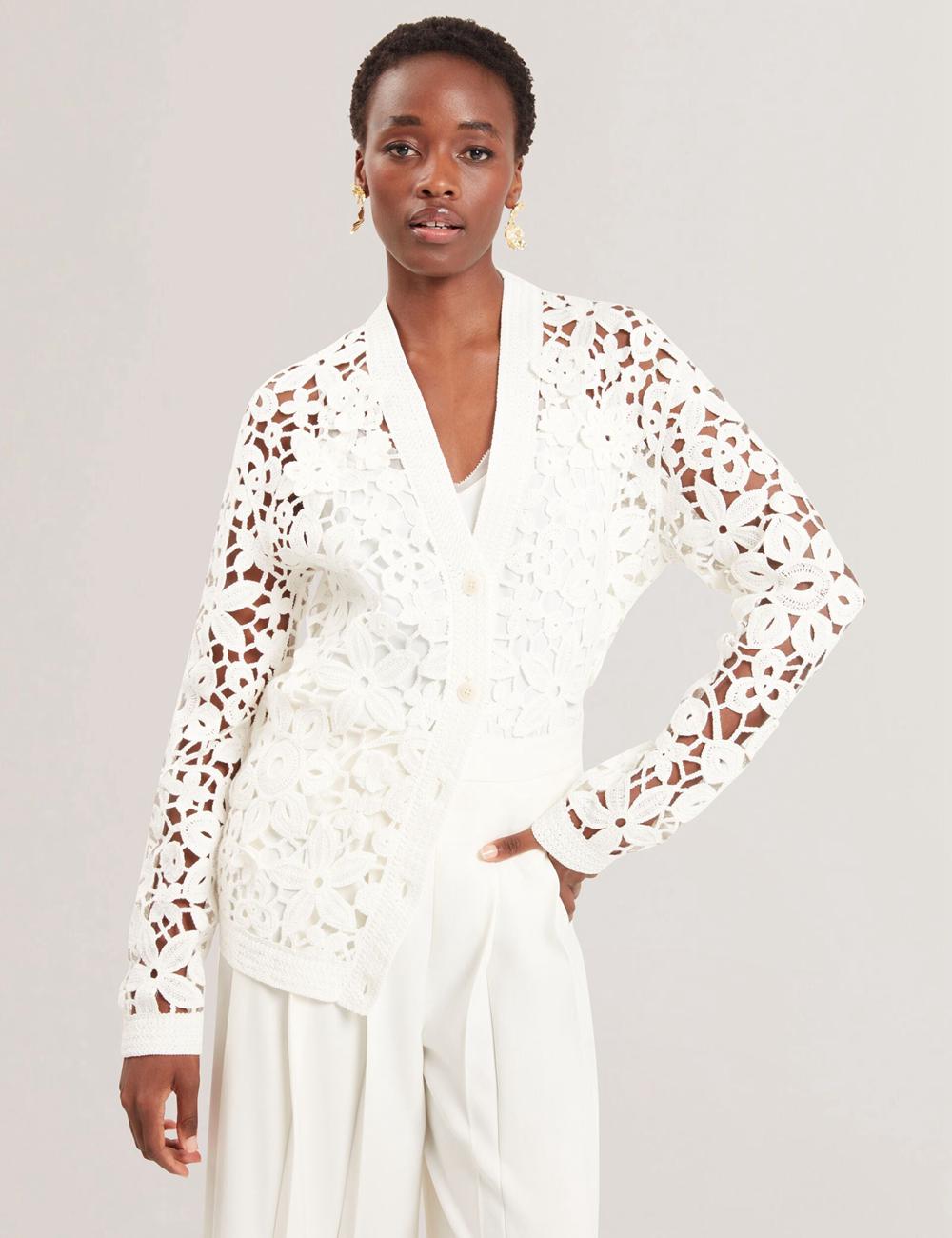 White Ted Baker TARLI - Crochet Open Knit Longline Women Cardigans | SG  0716-VZGRJ