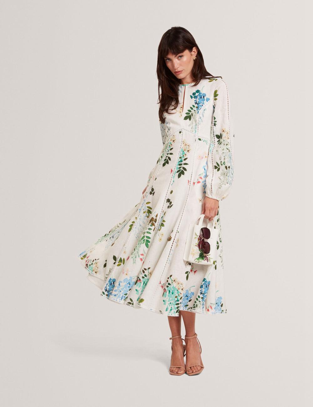 White Ted Baker UTALA - Floral Crochet Trim Linen Women Midi Dresses | SG  0189-GYWES