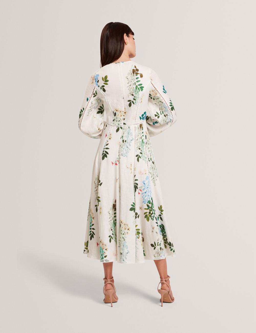 White Ted Baker UTALA - Floral Crochet Trim Linen Women Midi Dresses | SG  0189-GYWES