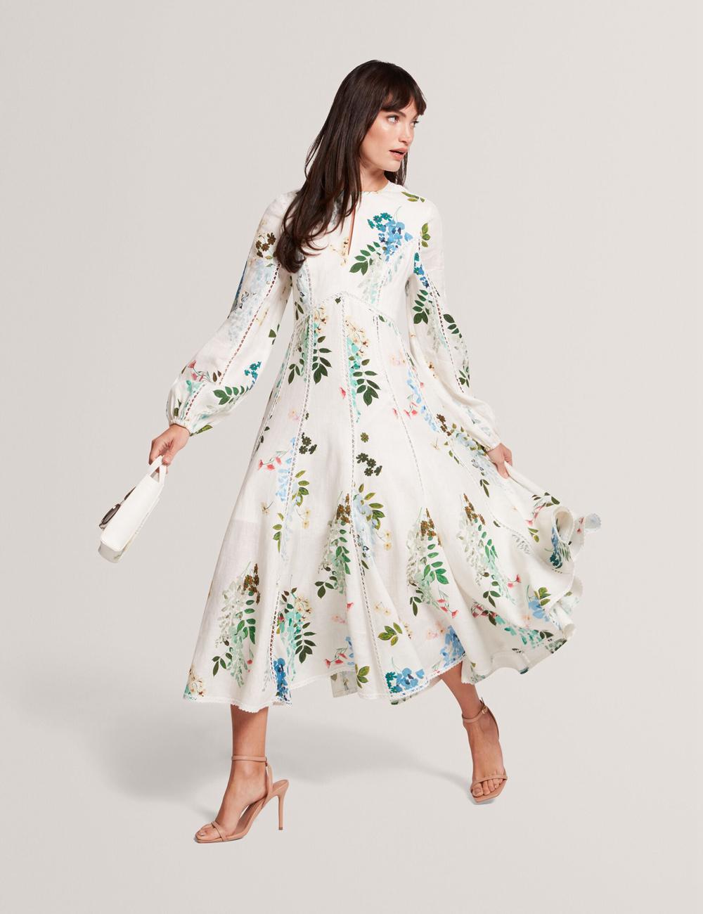 White Ted Baker UTALA - Floral Crochet Trim Linen Women Midi Dresses | SG  0189-GYWES