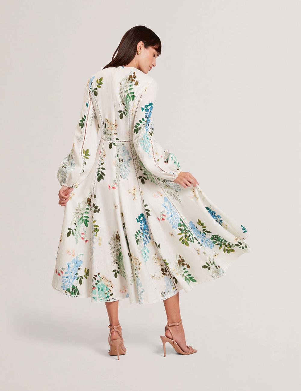White Ted Baker UTALA - Floral Crochet Trim Linen Women Midi Dresses | SG  0189-GYWES