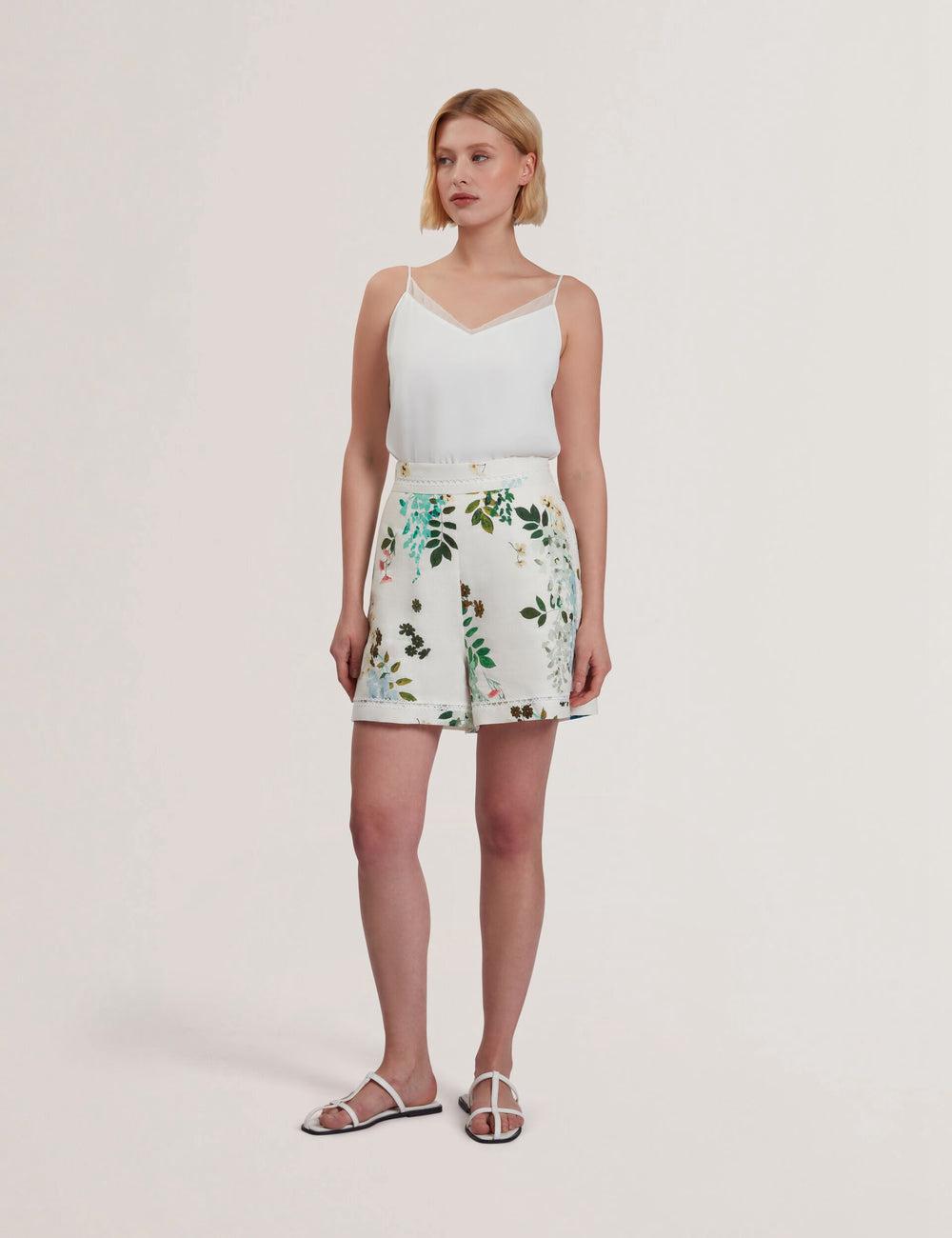 White Ted Baker VYLLA - Floral High Waist Linen With Trim Detail Women Shorts | SG  3071-PRALW