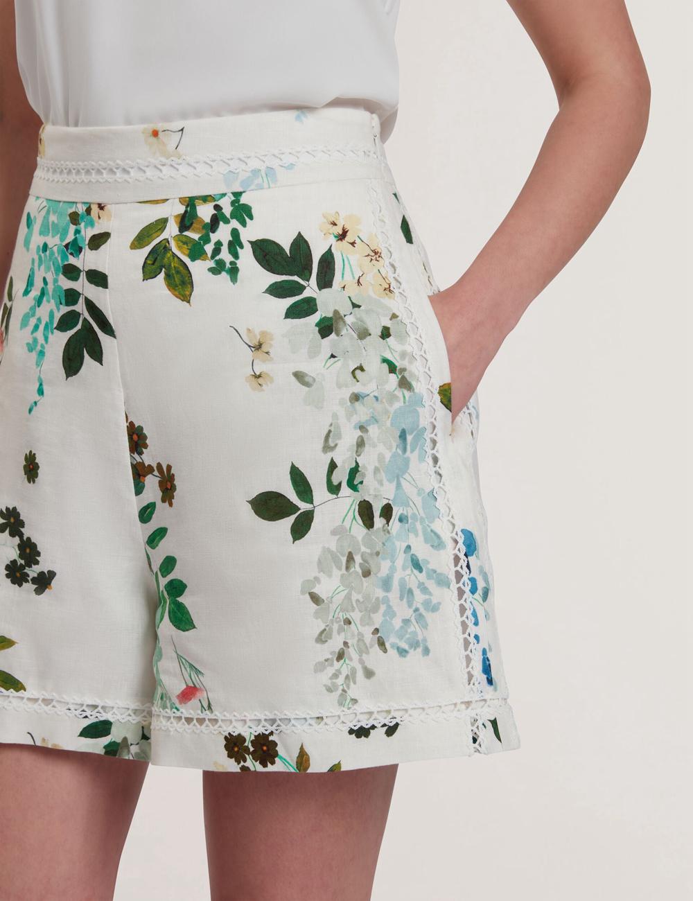 White Ted Baker VYLLA - Floral High Waist Linen With Trim Detail Women Shorts | SG  3071-PRALW
