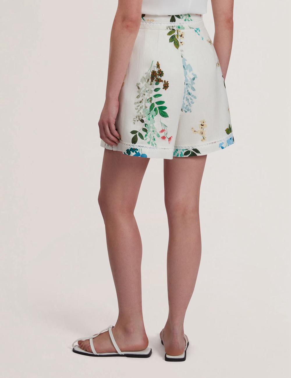 White Ted Baker VYLLA - Floral High Waist Linen With Trim Detail Women Shorts | SG  3071-PRALW