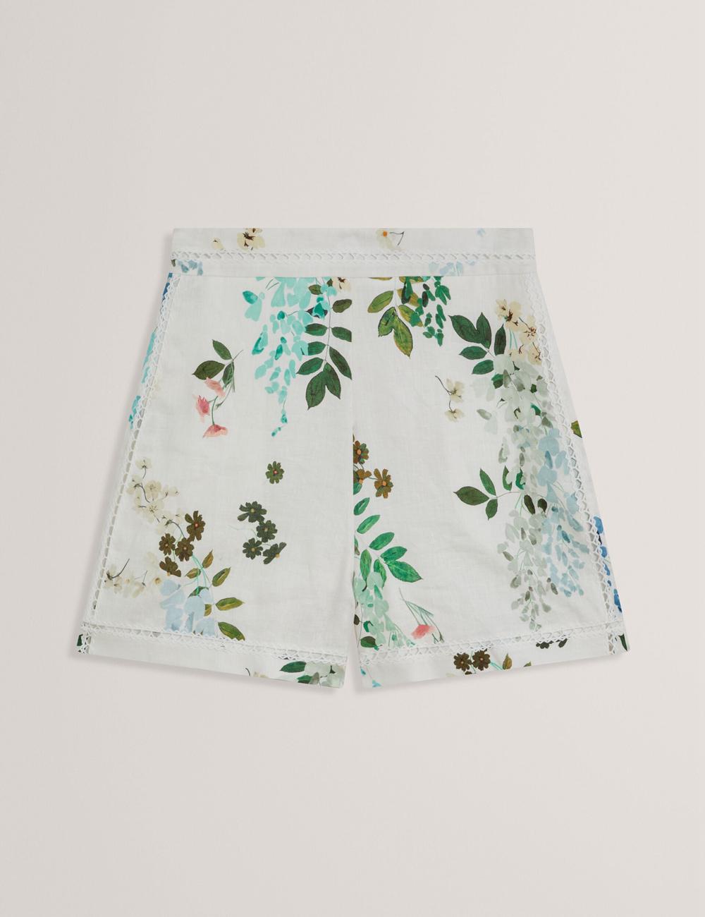 White Ted Baker VYLLA - Floral High Waist Linen With Trim Detail Women Shorts | SG  3071-PRALW